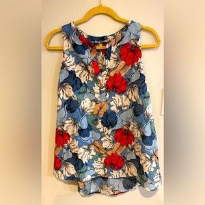 Dalia Tunic Top L Blue Floral Orchids-Placket Notch V Neck-Sleeveless